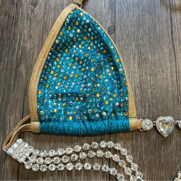 Competition Bikini Suit Bodybuilding Gold Encrusted Rhinestone Blue Muscle Fit S - Picture 7 of 17